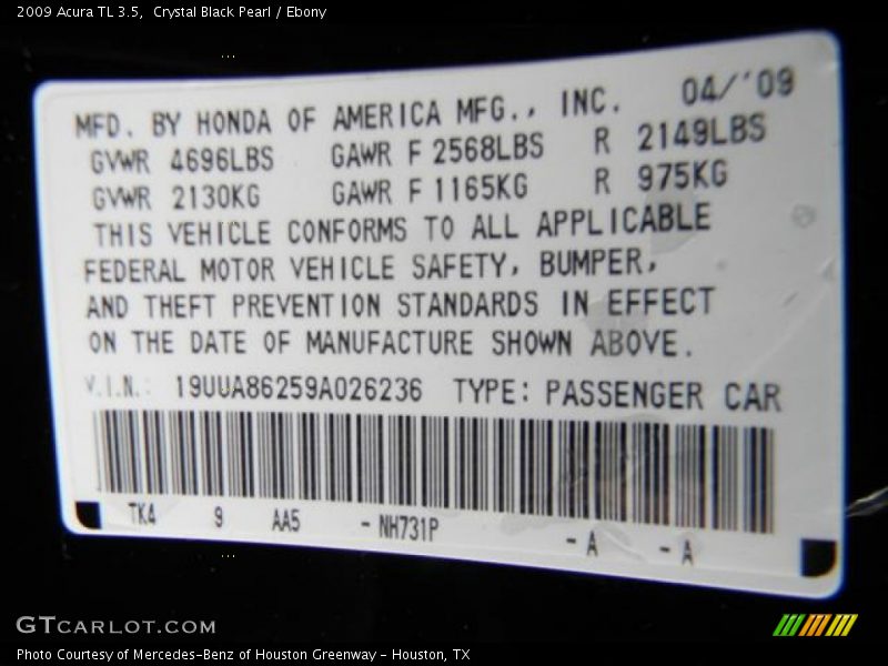 Crystal Black Pearl / Ebony 2009 Acura TL 3.5