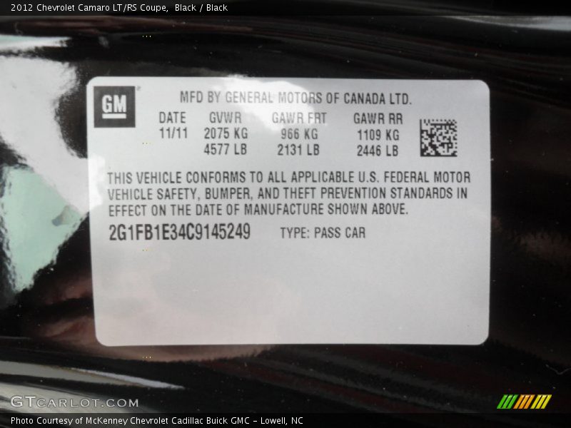 Black / Black 2012 Chevrolet Camaro LT/RS Coupe