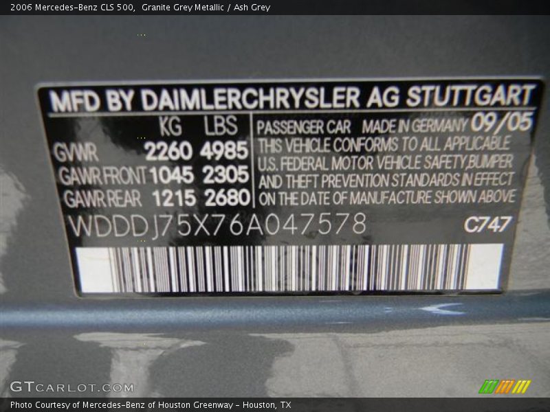 2006 CLS 500 Granite Grey Metallic Color Code 747