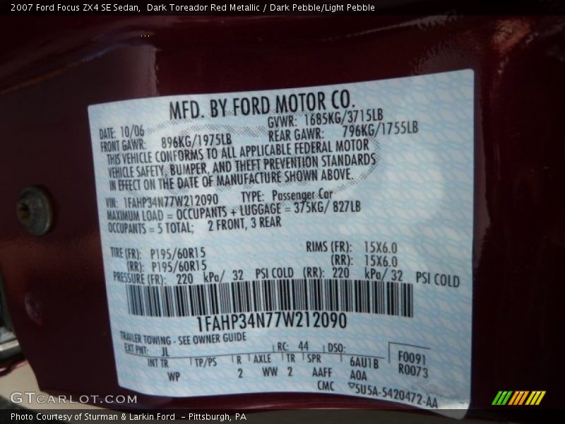2007 Focus ZX4 SE Sedan Dark Toreador Red Metallic Color Code JL