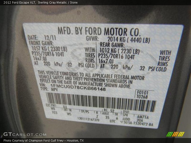 Sterling Gray Metallic / Stone 2012 Ford Escape XLT