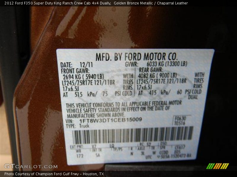 2012 F350 Super Duty King Ranch Crew Cab 4x4 Dually Golden Bronze Metallic Color Code V7