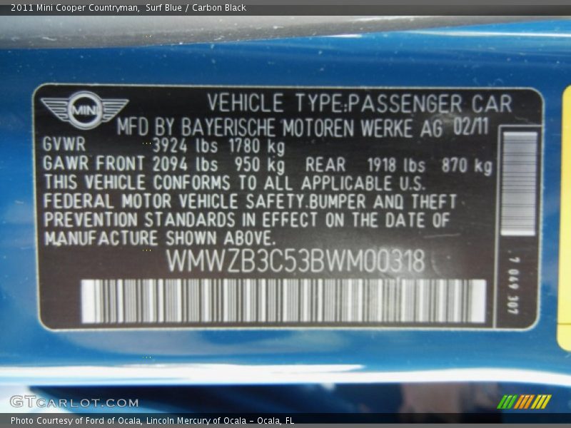 Surf Blue / Carbon Black 2011 Mini Cooper Countryman