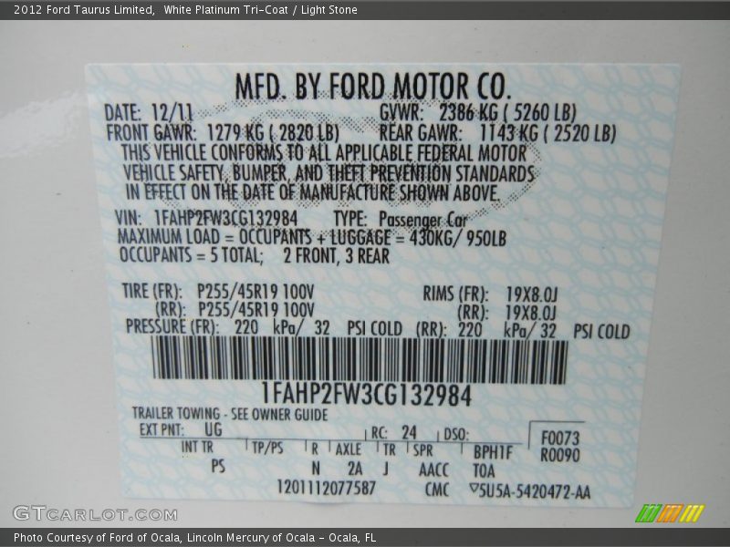 White Platinum Tri-Coat / Light Stone 2012 Ford Taurus Limited