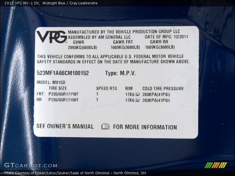 Info Tag of 2012 MV-1 DX