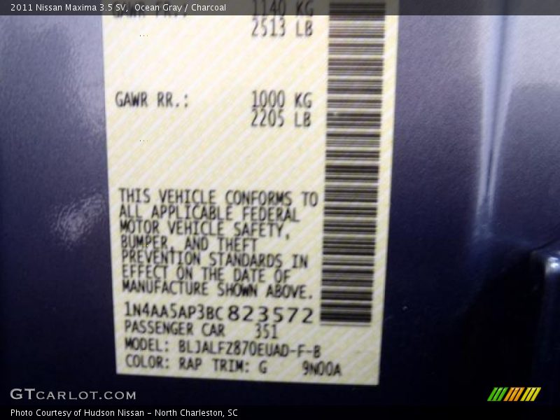 Ocean Gray / Charcoal 2011 Nissan Maxima 3.5 SV