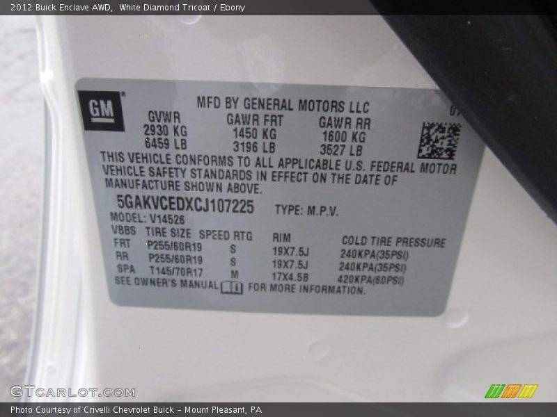 White Diamond Tricoat / Ebony 2012 Buick Enclave AWD