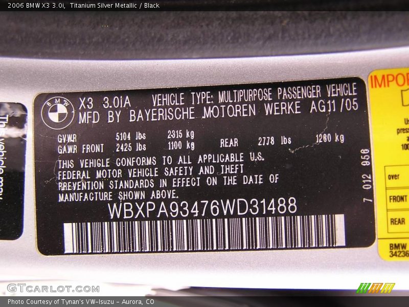 Titanium Silver Metallic / Black 2006 BMW X3 3.0i