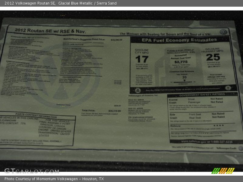 Glacial Blue Metallic / Sierra Sand 2012 Volkswagen Routan SE