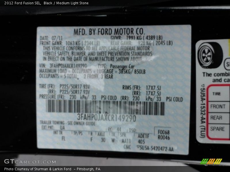 Black / Medium Light Stone 2012 Ford Fusion SEL