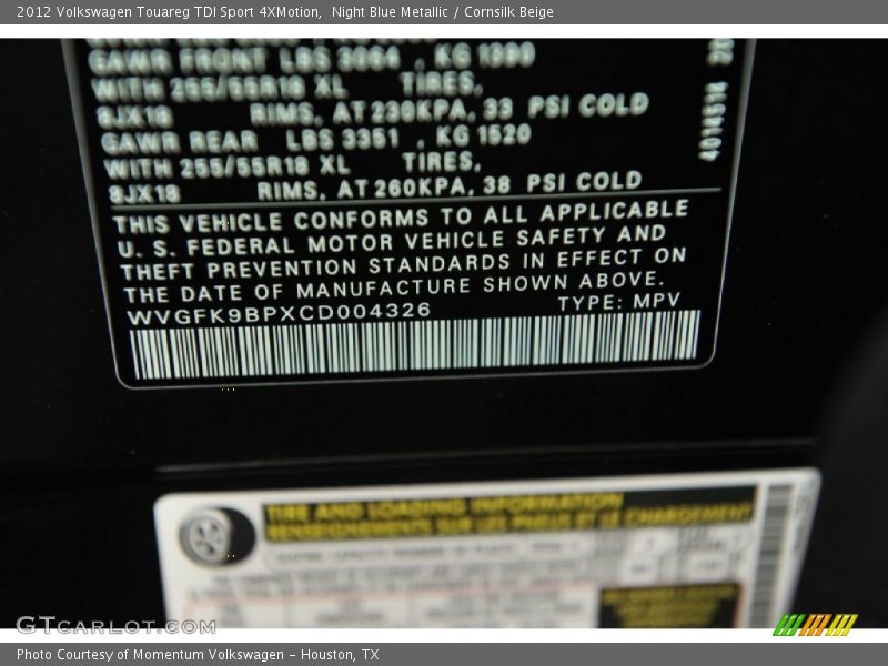 Night Blue Metallic / Cornsilk Beige 2012 Volkswagen Touareg TDI Sport 4XMotion