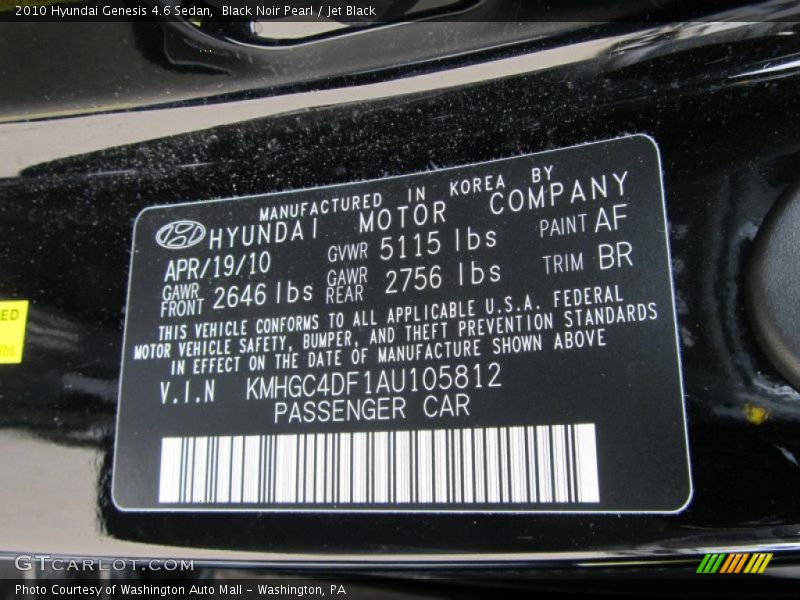 2010 Genesis 4.6 Sedan Black Noir Pearl Color Code AF