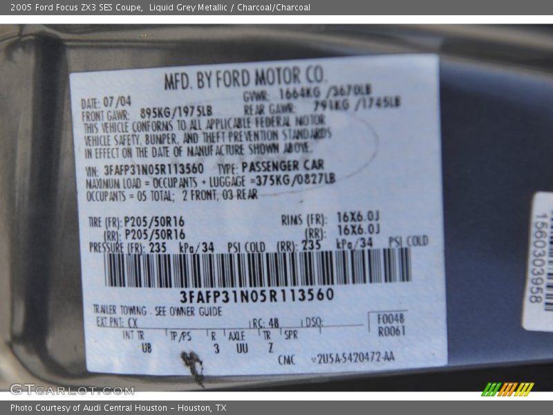 2005 Focus ZX3 SES Coupe Liquid Grey Metallic Color Code CX