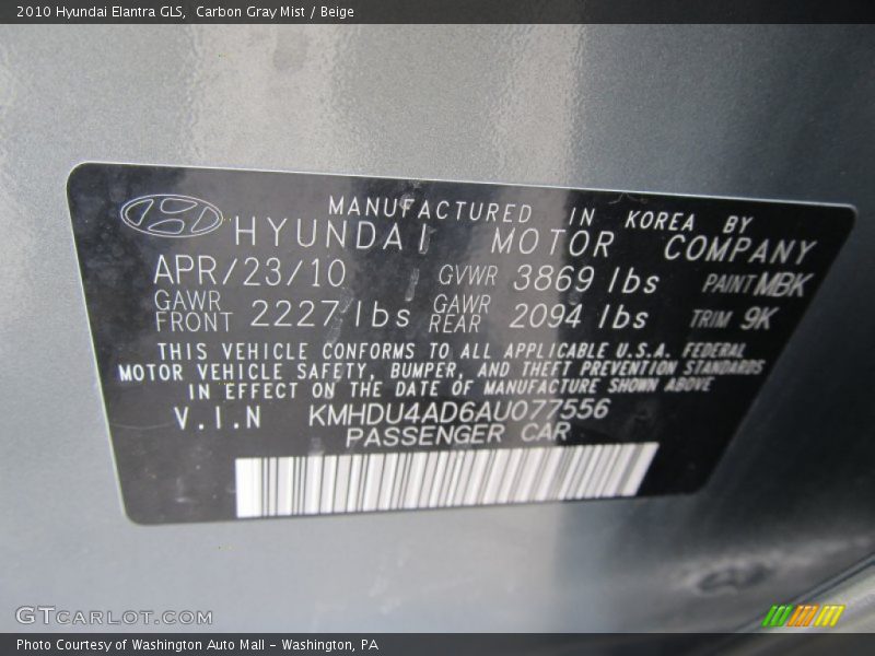 Carbon Gray Mist / Beige 2010 Hyundai Elantra GLS