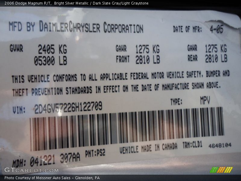 2006 Magnum R/T Bright Silver Metallic Color Code PS2