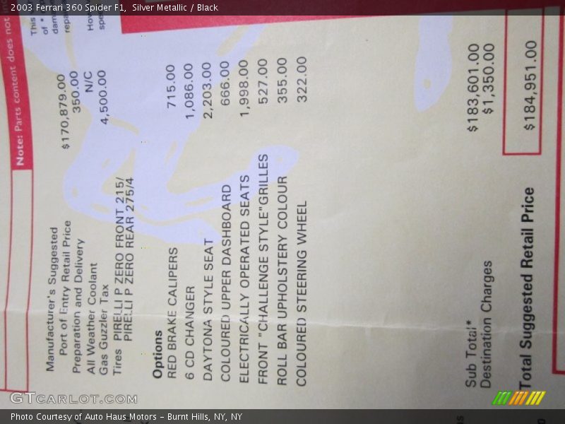  2003 360 Spider F1 Window Sticker