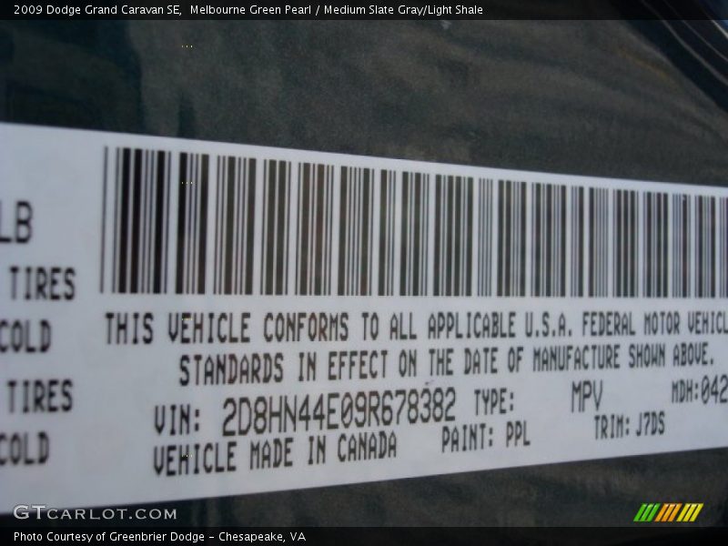 2009 Grand Caravan SE Melbourne Green Pearl Color Code PPL