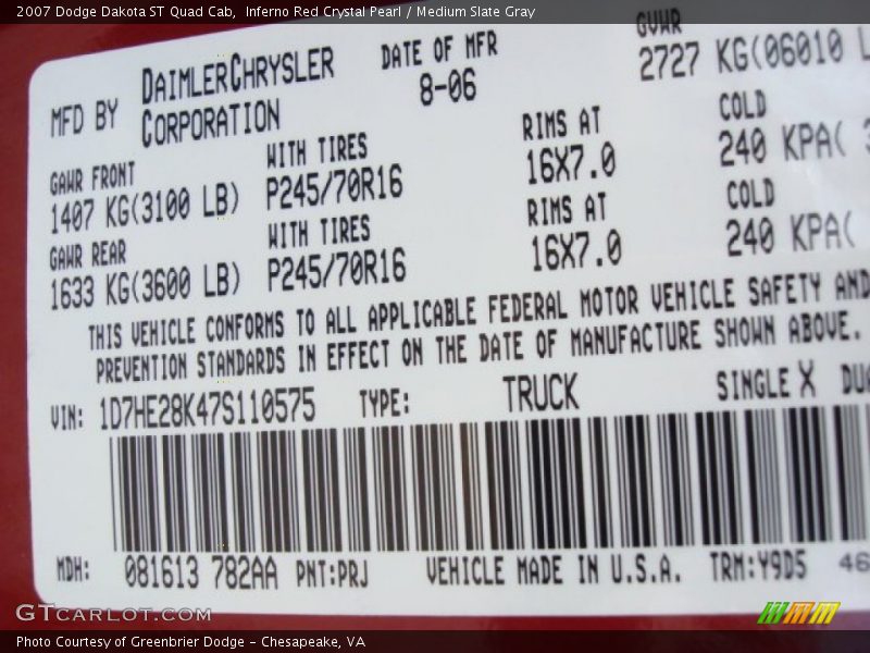 2007 Dakota ST Quad Cab Inferno Red Crystal Pearl Color Code PRJ