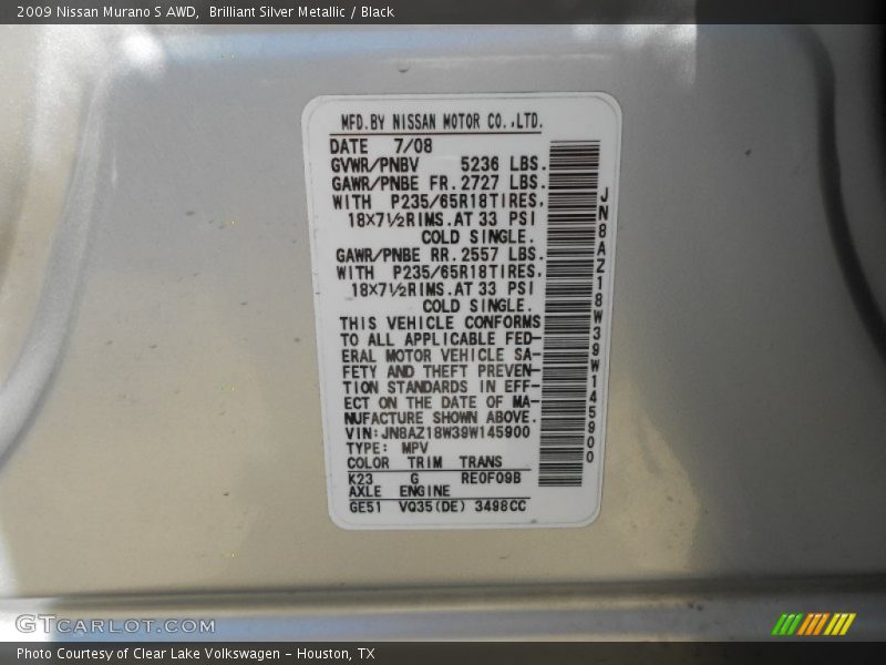 Brilliant Silver Metallic / Black 2009 Nissan Murano S AWD
