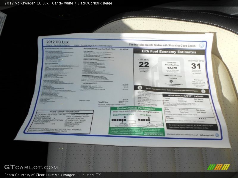Candy White / Black/Cornsilk Beige 2012 Volkswagen CC Lux