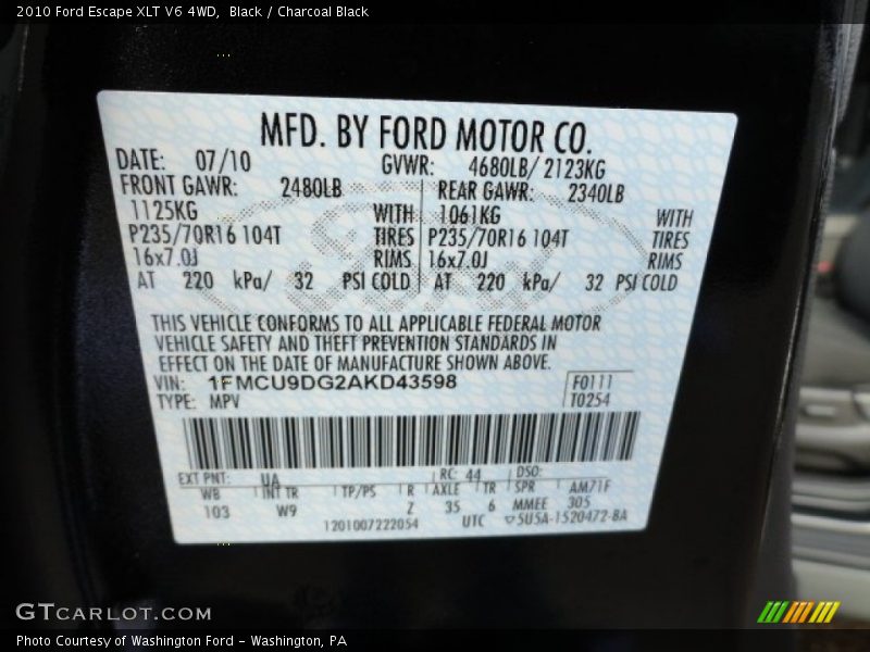 2010 Escape XLT V6 4WD Black Color Code UA