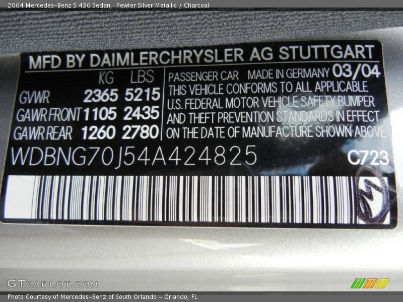 2004 S 430 Sedan Pewter Silver Metallic Color Code 723