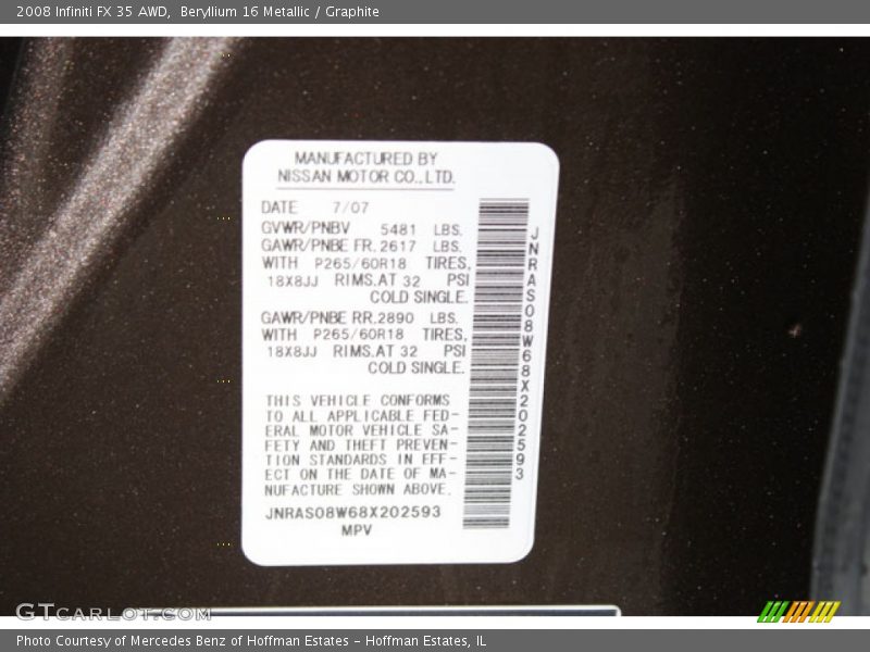 Info Tag of 2008 FX 35 AWD