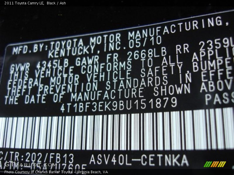 Black / Ash 2011 Toyota Camry LE