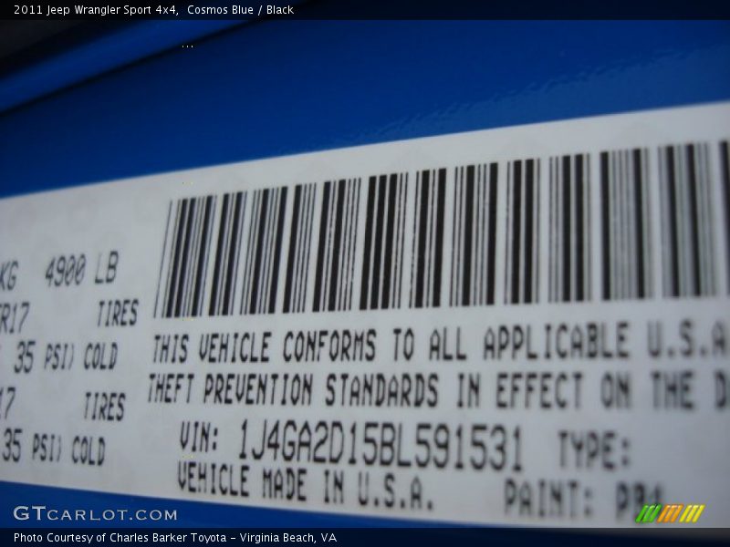 2011 Wrangler Sport 4x4 Cosmos Blue Color Code PB4