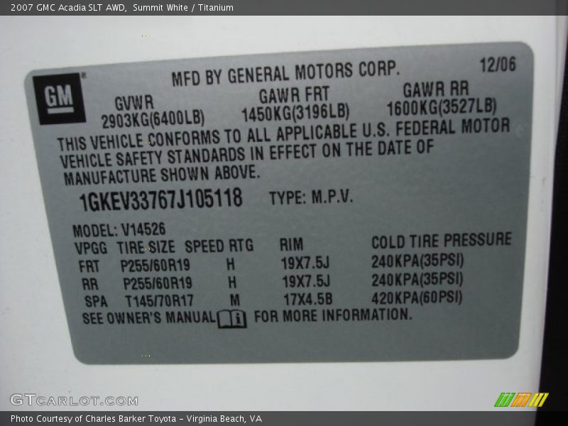 Summit White / Titanium 2007 GMC Acadia SLT AWD