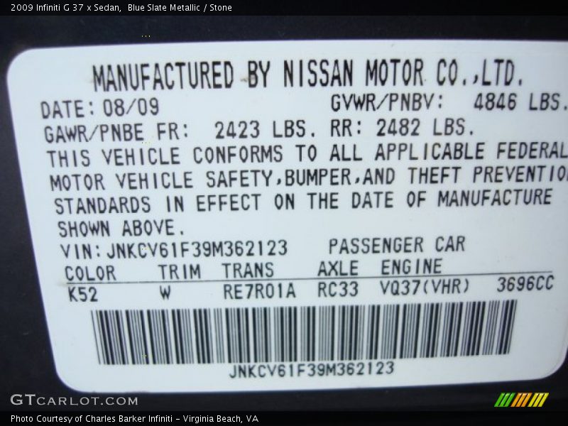 2009 G 37 x Sedan Blue Slate Metallic Color Code K52