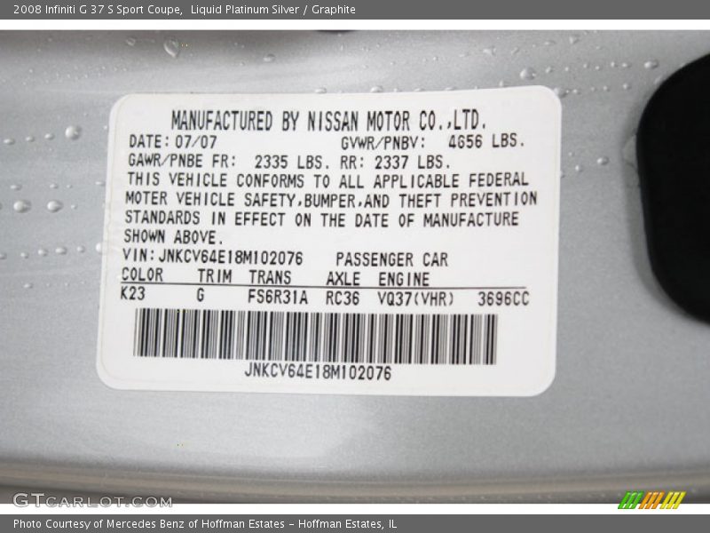 2008 G 37 S Sport Coupe Liquid Platinum Silver Color Code K23