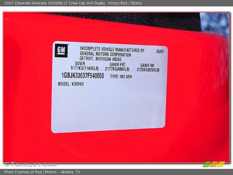 Info Tag of 2007 Silverado 3500HD LT Crew Cab 4x4 Dually