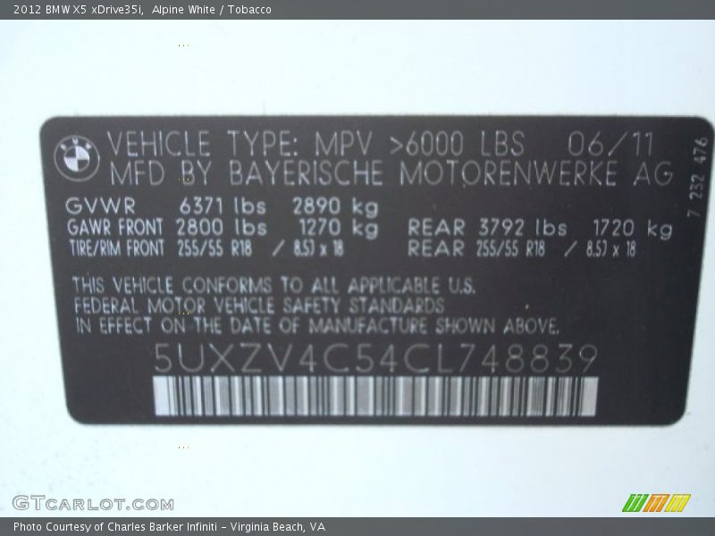 Info Tag of 2012 X5 xDrive35i