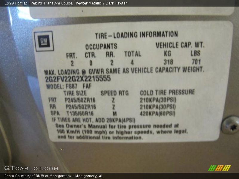 Pewter Metallic / Dark Pewter 1999 Pontiac Firebird Trans Am Coupe
