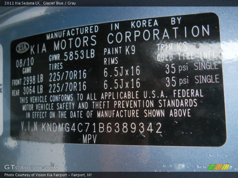 Glacier Blue / Gray 2011 Kia Sedona LX