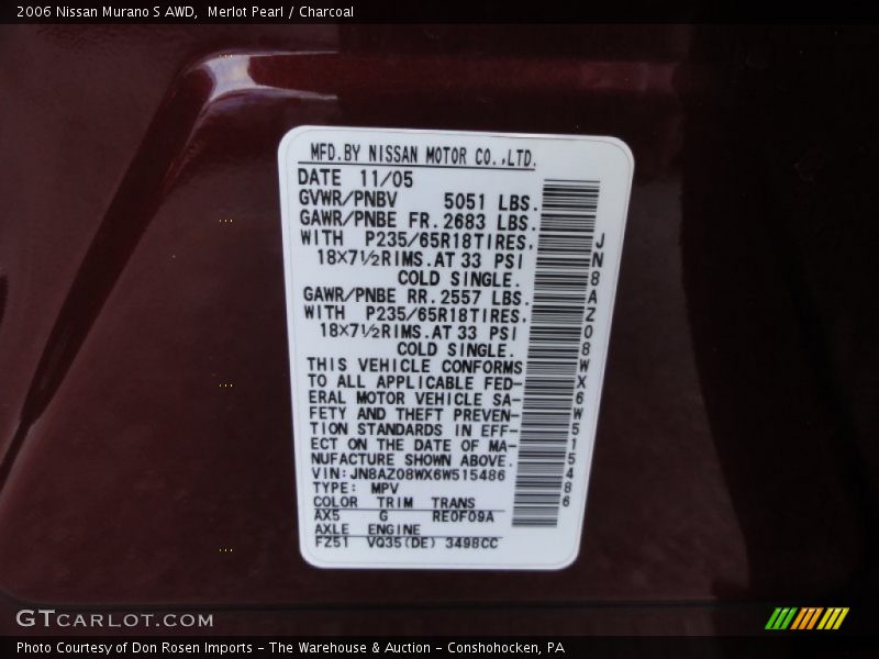 Merlot Pearl / Charcoal 2006 Nissan Murano S AWD
