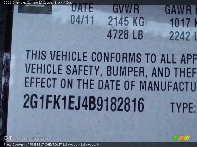 Black / Gray 2011 Chevrolet Camaro SS Coupe