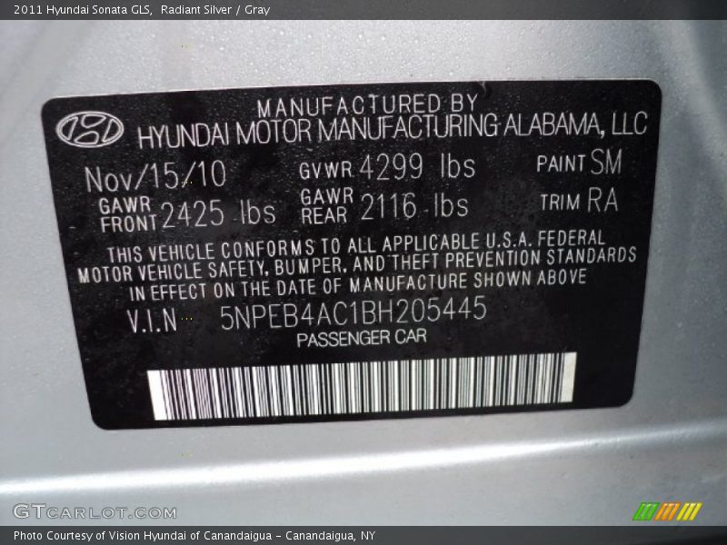 2011 Sonata GLS Radiant Silver Color Code SM