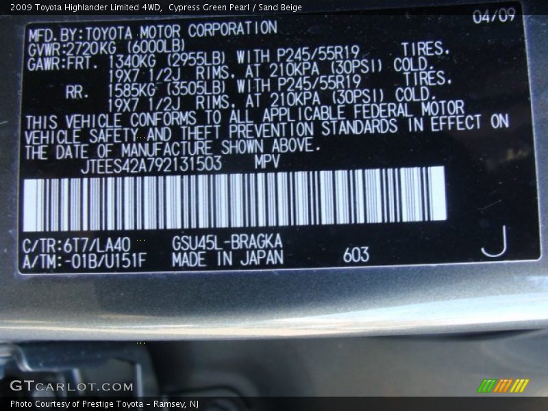 Cypress Green Pearl / Sand Beige 2009 Toyota Highlander Limited 4WD