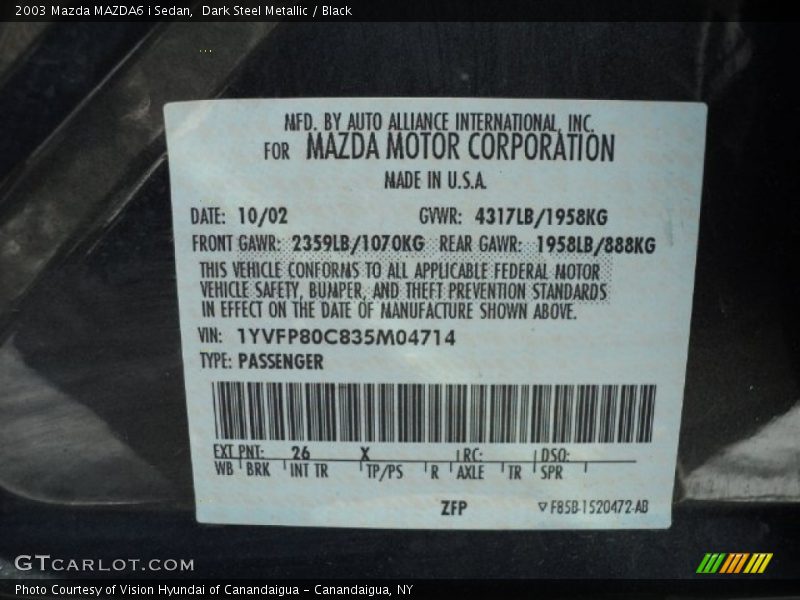 2003 MAZDA6 i Sedan Dark Steel Metallic Color Code 26