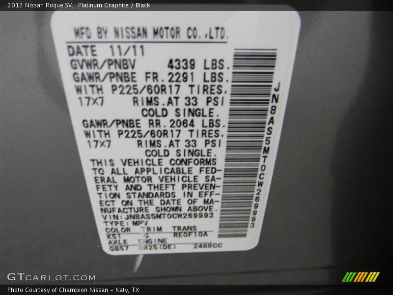 Platinum Graphite / Black 2012 Nissan Rogue SV