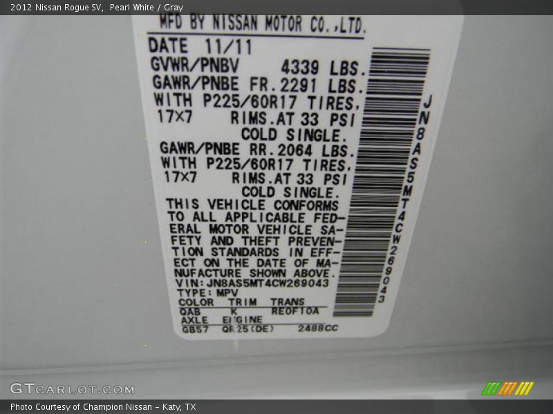 Pearl White / Gray 2012 Nissan Rogue SV