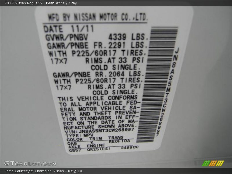 Pearl White / Gray 2012 Nissan Rogue SV