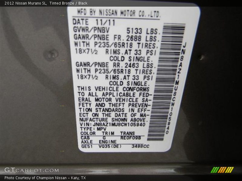 Tinted Bronze / Black 2012 Nissan Murano SL