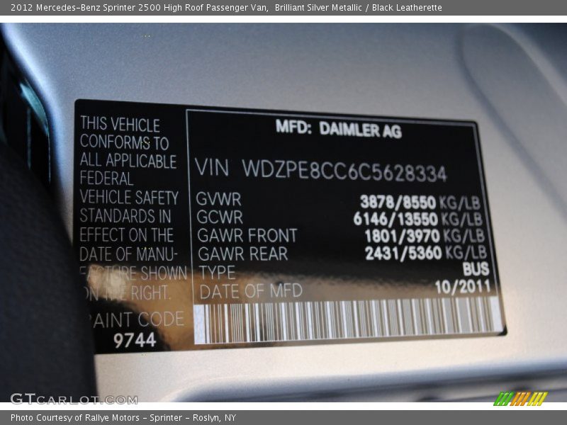 Brilliant Silver Metallic / Black Leatherette 2012 Mercedes-Benz Sprinter 2500 High Roof Passenger Van