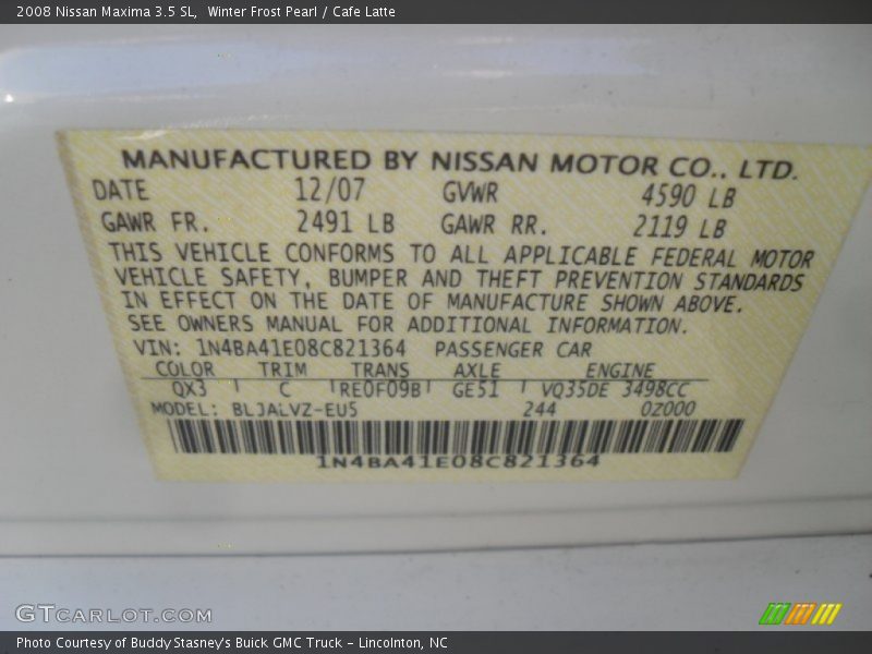 Winter Frost Pearl / Cafe Latte 2008 Nissan Maxima 3.5 SL