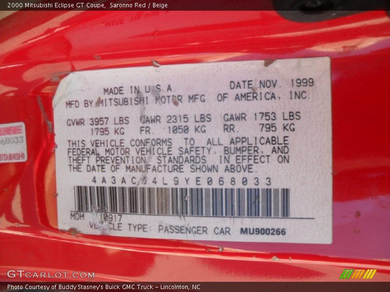 Saronno Red / Beige 2000 Mitsubishi Eclipse GT Coupe
