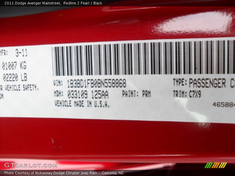 2011 Avenger Mainstreet Redline 2 Pearl Color Code PRM