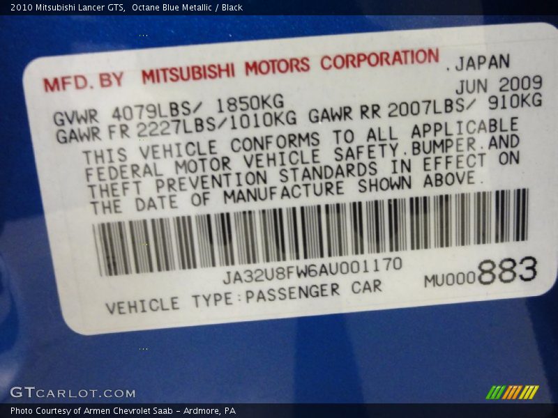 Info Tag of 2010 Lancer GTS